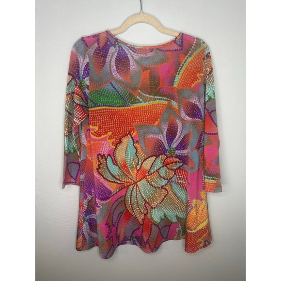 Clara Sun Woo Mosaic Floral Tunic Top Small 3/4 Sleeve Blouse Multicolor Stretch - Picture 2 of 6